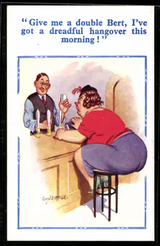 Künstler-AK Donald McGill: Betrunkene Frau in einer Bar