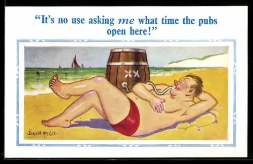 Künstler-AK Donald McGill: Mann trinkt Bier aus einem Fass am Strand
