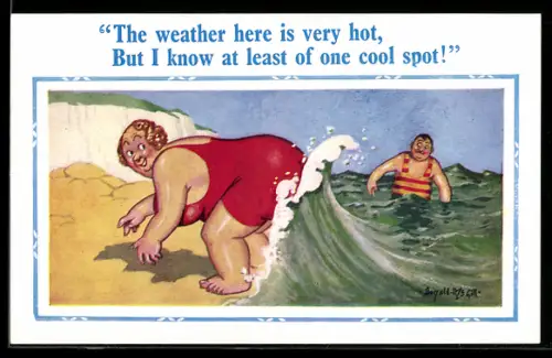 Künstler-AK Donald McGill: Frau in Badekleidung kühlt sich mit Meerwasser ab