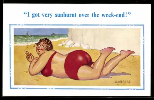 Künstler-AK Donald McGill: Rauchende Dame im Bikini am Strand