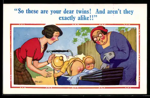 Künstler-AK Donald McGill: Frauen mit Zwillingen im Kinderwagen