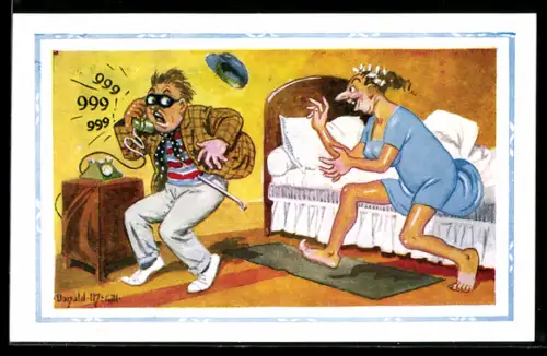 Künstler-AK Donald McGill: Einbrecher erschrickt sich vor einer Frau