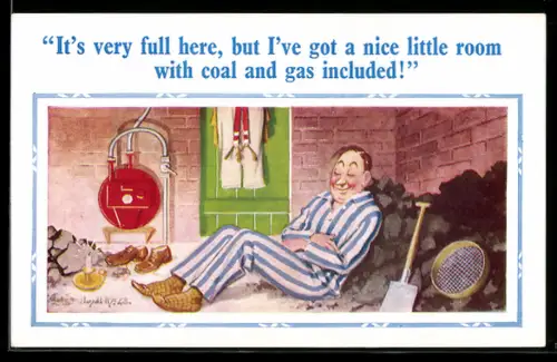 Künstler-AK Donald McGill: Mann in Schlafanzug schläft an einem Haufen Kohle