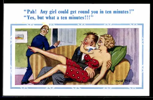 Künstler-AK Donald McGill: Leicht bekleidete Dame vergnügt sich mit einem Mann auf dem Sofa