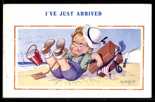 Künstler-AK Donald McGill: Kleiner Junge fällt auf den Strand