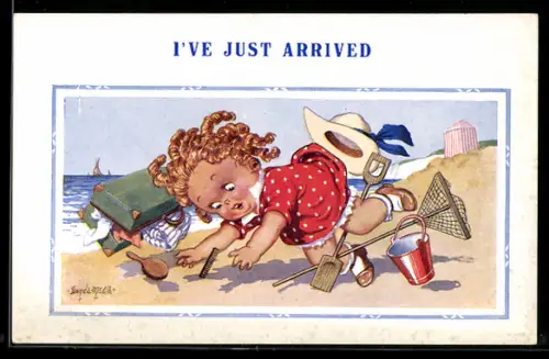 Künstler-AK Donald McGill: Mädchen fällt auf den Strand