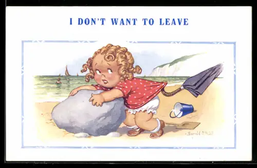 Künstler-AK Donald McGill: Kleines Mädchen hält sich an einem Stein fest