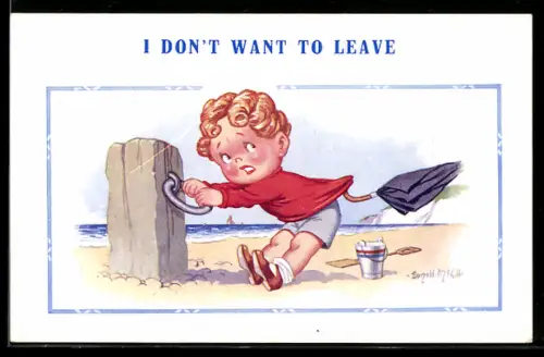 Künstler-AK Donald McGill: Kleiner Junge hält sich an einem Ring fest