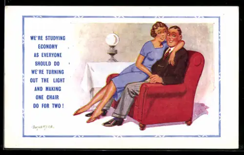 Künstler-AK Donald McGill: Paar sitzt zusammen auf einem Sessel