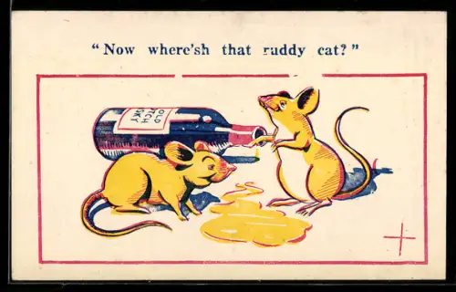 Künstler-AK Donald McGill: Zwei betrunkene Ratten mit einer Flasche Alkohol, Now where`sh that ruddy cat?