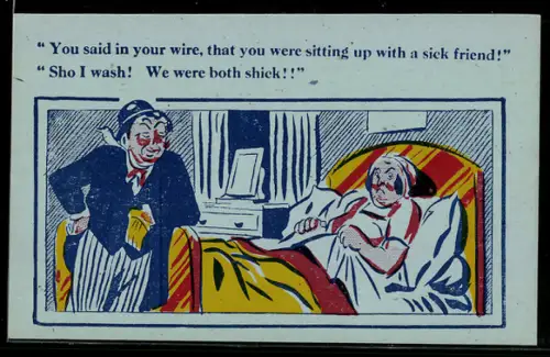 Künstler-AK Donald McGill: Betrunkener Mann kommt zurück nach Hause zu seiner Frau, You said in your wire, ...