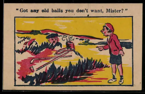 Künstler-AK Donald McGill: Junge spricht auf dem Golfplatz einen Mann an