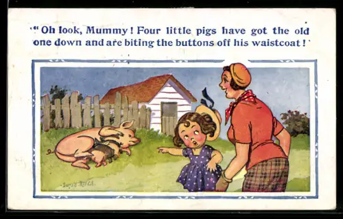 Künstler-AK Donald McGill: Mutter und Tochter beobachten eine säugende Sau