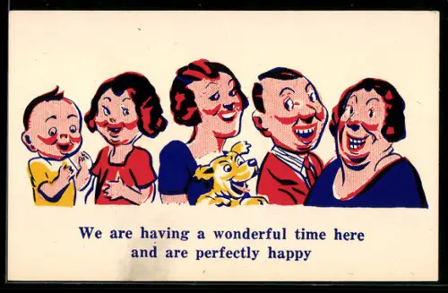 Künstler-AK Donald McGill: Lachende Gruppe mit Hund, We are having a wonderful time here...