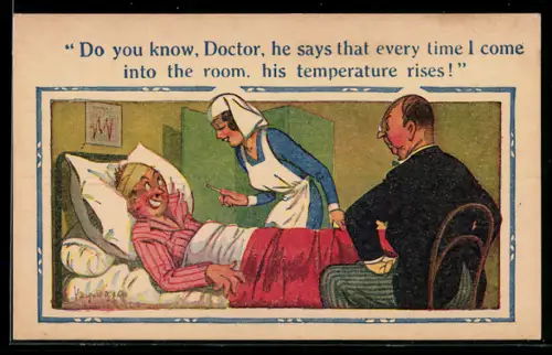 Künstler-AK Donald McGill: Verletzter Mann im Krankenhaus mit Doktor und Krankenschwester