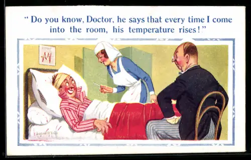 Künstler-AK Donald McGill: Verletzter Mann im Krankenhausbett mit Doktor und Krankenschwester