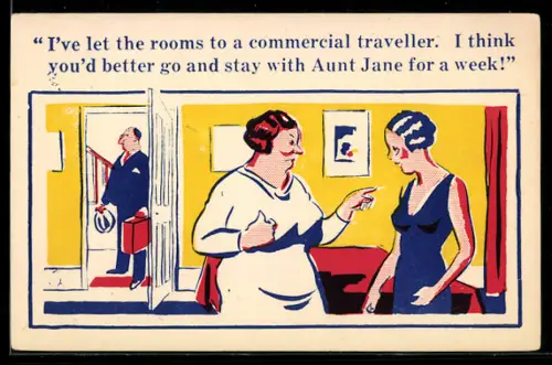 Künstler-AK Donald McGill: Dame redet ernst mit einer jungen Frau, I`ve let the rooms to a commercial traveller...