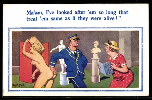 Künstler-AK Donald McGill: Museumswärter berührt eine weibliche Statue am Popo