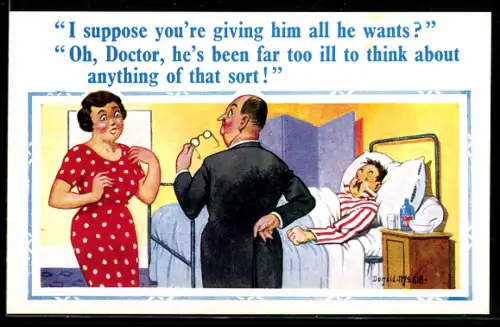 Künstler-AK Donald McGill: Arzt im Gespräch mit der Ehefrau des kranken Mannes