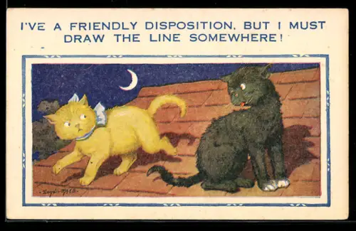 Künstler-AK Donald McGill: Zwei Katzen auf einem Dach im Mondschein, I`ve a friendly disposition...