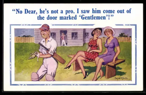 Künstler-AK Donald McGill: Zwei Damen beobachten einen Sportler