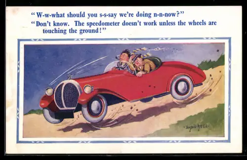Künstler-AK Donald McGill: Zwei Herren rasen in einem Auto einen Hügel hinunter