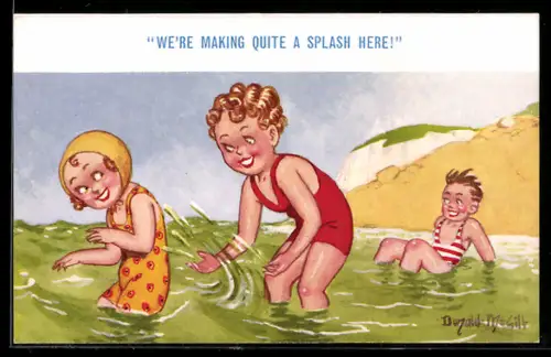 Künstler-AK Donald McGill: Kinder spielen zusammen im Meer