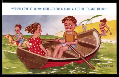 Künstler-AK Donald McGill: You`d love it down here..., Kleines Paar im Ruderboot