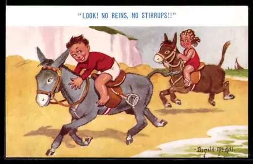 Künstler-AK Donald McGill: Look! No Reins, No Stirrups!!, Kleines Paar beim Eselsritt