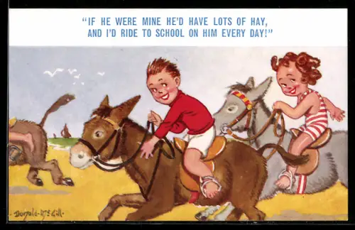 Künstler-AK Donald McGill: Kinder reiten auf Eseln über den Strand