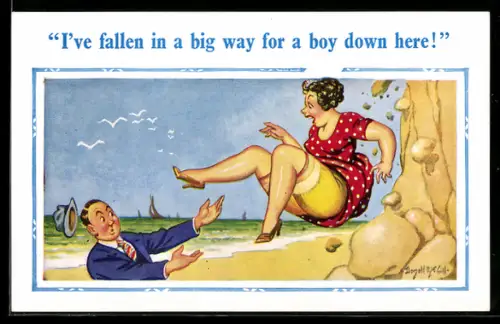 Künstler-AK Donald McGill: Mann rettet die von der Klippe abstürzende Frau