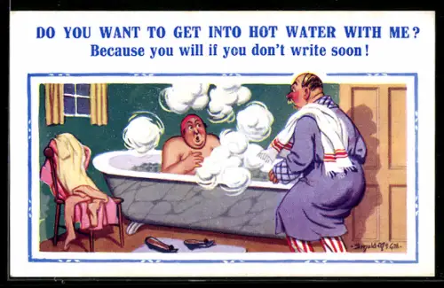 Künstler-AK Donald McGill: Mann kommt ins Bad während seine Frau in der Badewanne ist