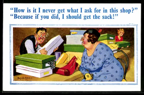 Künstler-AK Donald McGill: Wütende Frau in einem Stoffladen