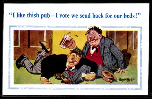 Künstler-AK Donald McGill: Zwei betrunkene Männer vor einem Pub