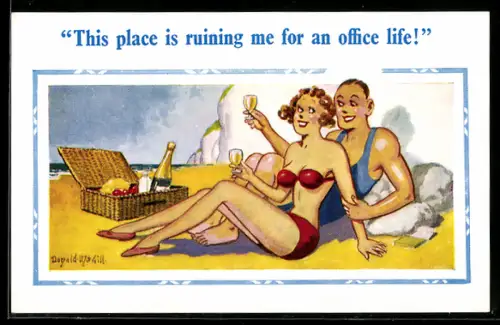 Künstler-AK Donald McGill: Paar in Badeanzügen trinkt Champagner am Strand