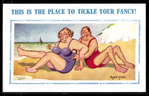 Künstler-AK Donald McGill: Mann kitzelt seine Frau am Strand, This is the palce to tickle your fancy
