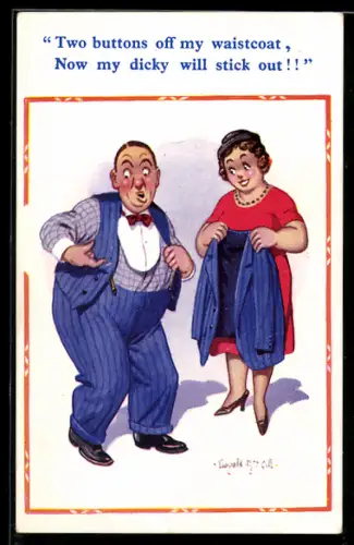 Künstler-AK Donald McGill: Frau hilft Mann ins Jackett