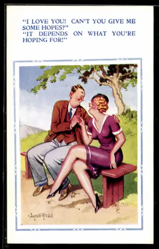 Künstler-AK Donald McGill: Liebespaar an Bank