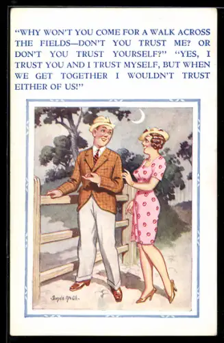 Künstler-AK Donald McGill: Liebespaar bei Mondschein