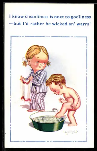 Künstler-AK Donald McGill: Kind will nicht kalt Baden