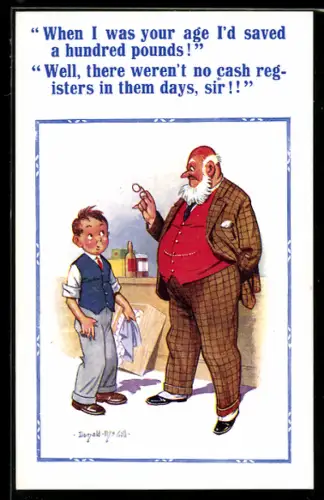 Künstler-AK Donald McGill: Junger Mann vor seinem Chef