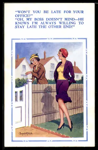 Künstler-AK Donald McGill: Zwei Frauen unterhalten sich am Zaun