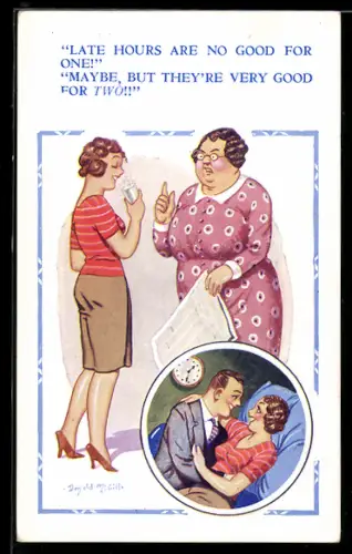 Künstler-AK Donald McGill: Zwei Frauen unterhalten sicht