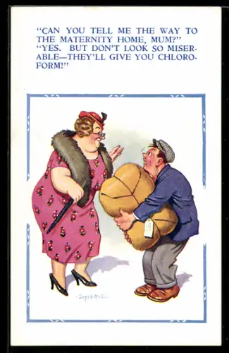 Künstler-AK Donald McGill: Can you tell me the way...