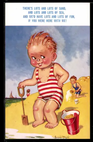 Künstler-AK Donald McGill: There`s lots and lots of sand..., Junge im Badeanzug mit Eimer und Schaufel am Strand