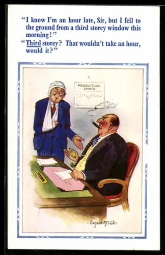 Künstler-AK Donald McGill: Verletzter Mann im Büro