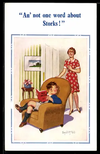 Künstler-AK Donald McGill: Frau bei Jungen mit Buch in der Tür