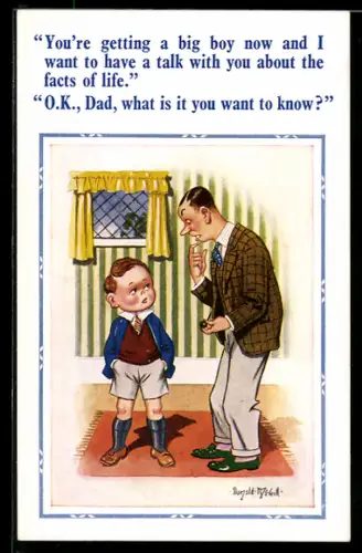 Künstler-AK Donald McGill: Vater und Sohn führen ein Gespräch