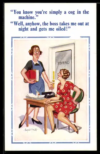Künstler-AK Donald McGill: Frauen im Büro unterhalten sich