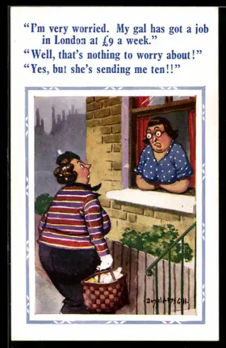 Künstler-AK Donald McGill: Frauen unterhalten sich am Fenster